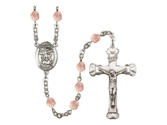 St. Michael the Archangel Center Hand Made Silver Plate Rosary with 6mm Fire Polished Pink Beads