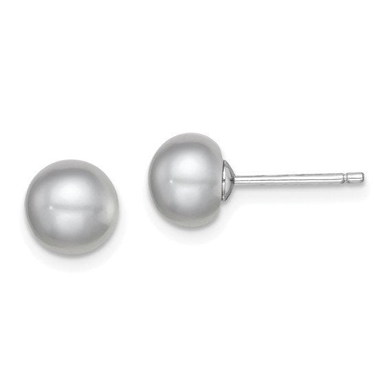 Silver 7-8mm Grey  Cultured Button Pearl Stud Earrings