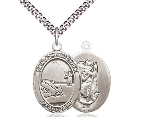 St Christopher Fishing Sterling Silver Pendant on a 24 inch Light Rhodium Heavy Curb Chain.