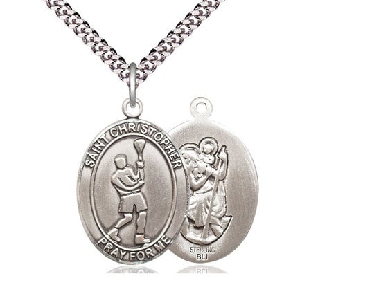 St Christopher Lacrosse Sterling Silver Pendant on a 24 inch Light Rhodium Heavy Curb Chain.