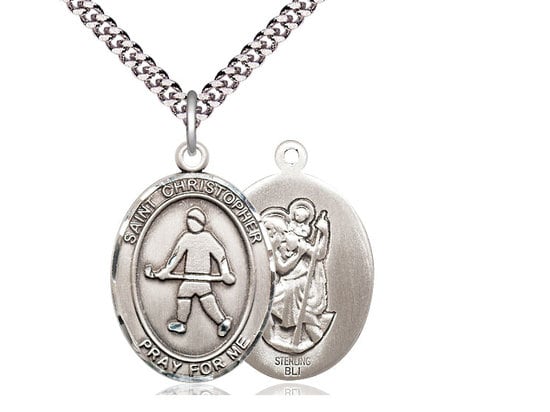 St Christopher Field Hockey Sterling Silver Pendant on a 24 inch Light Rhodium Heavy Curb Chain.