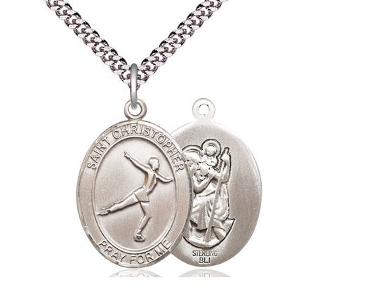St Christopher Figure Skating Sterling Silver Pendant on a 24 inch Light Rhodium Heavy Curb Chain.