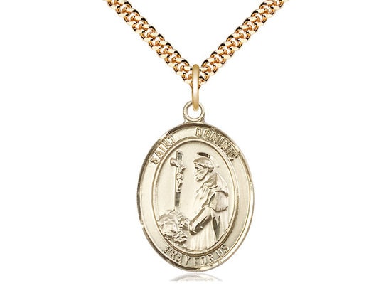 St Dominic de Guzman 14kt Gold Filled Pendant on a 24 inch Gold Plate Heavy Curb Chain.