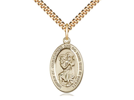 St Christopher 14kt Gold Filled Pendant on a 24 inch Gold Plate Heavy Curb Chain.