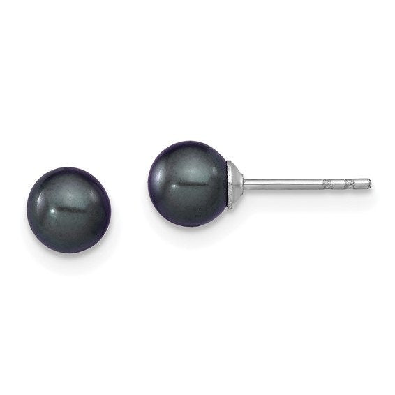 Silver 5-6mm Black Cultured Round Pearl Stud Earrings