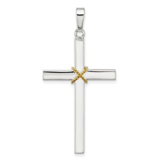 Silver Polished with Gold-Tone Rope Hollow Crucifix Pendant