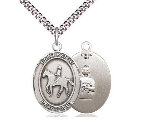 St Kateri Equestrian Sterling Silver Pendant on a 24 inch Light Rhodium Heavy Curb Chain.