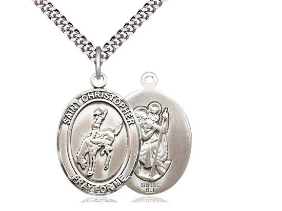 St Christopher Rodeo Sterling Silver Pendant on a 24 inch Light Rhodium Heavy Curb Chain.