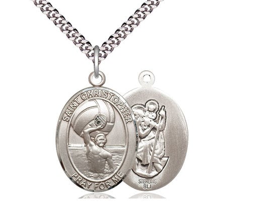 St Christopher Water Polo Men Sterling Silver Pendant on a 24 inch Light Rhodium Heavy Curb Chain.
