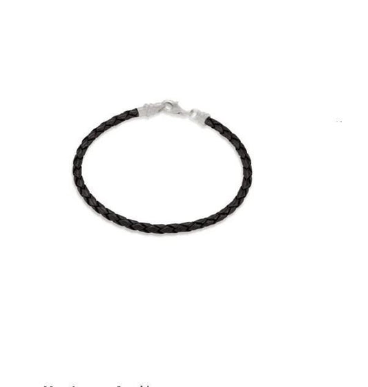 Silver Black Leather Braided  Bracelet
