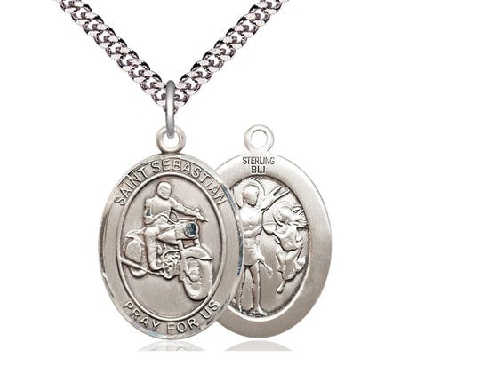 St Sebastian Motorcycle Sterling Silver Pendant on a 24 inch Light Rhodium Heavy Curb Chain.