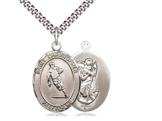 St Christopher Rugby Sterling Silver Pendant on a 24 inch Light Rhodium Heavy Curb Chain.
