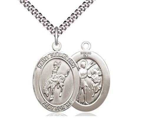 St Sebastian Rodeo Sterling Silver Pendant on a 24 inch Light Rhodium Heavy Curb Chain.
