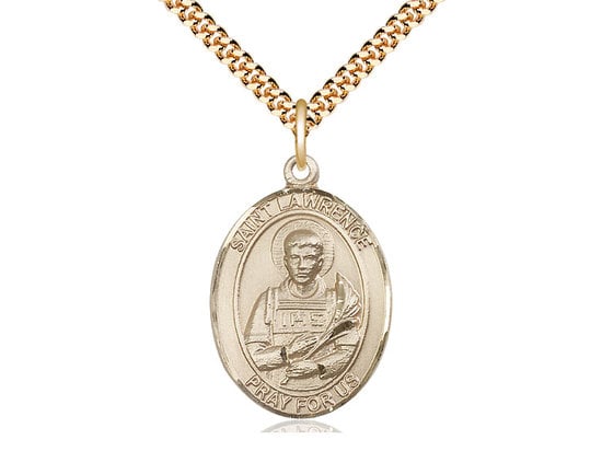 St Lawrence 14kt Gold Filled Pendant on a 24 inch Gold Plate Heavy Curb Chain.