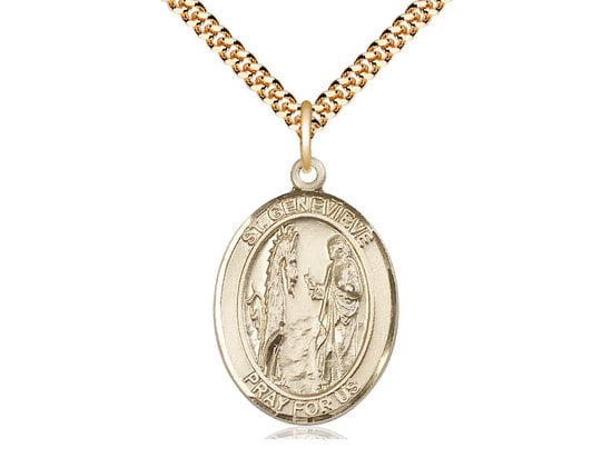 St Genevieve 14kt Gold Filled Pendant on a 24 inch Gold Plate Heavy Curb Chain.