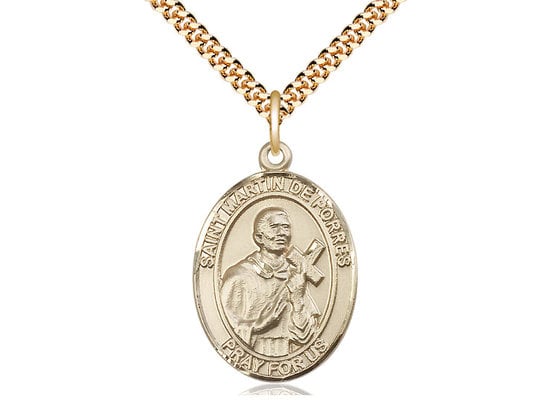 St Martin de Porres 14kt Gold Filled Pendant on a 24 inch Gold Plate Heavy Curb Chain.