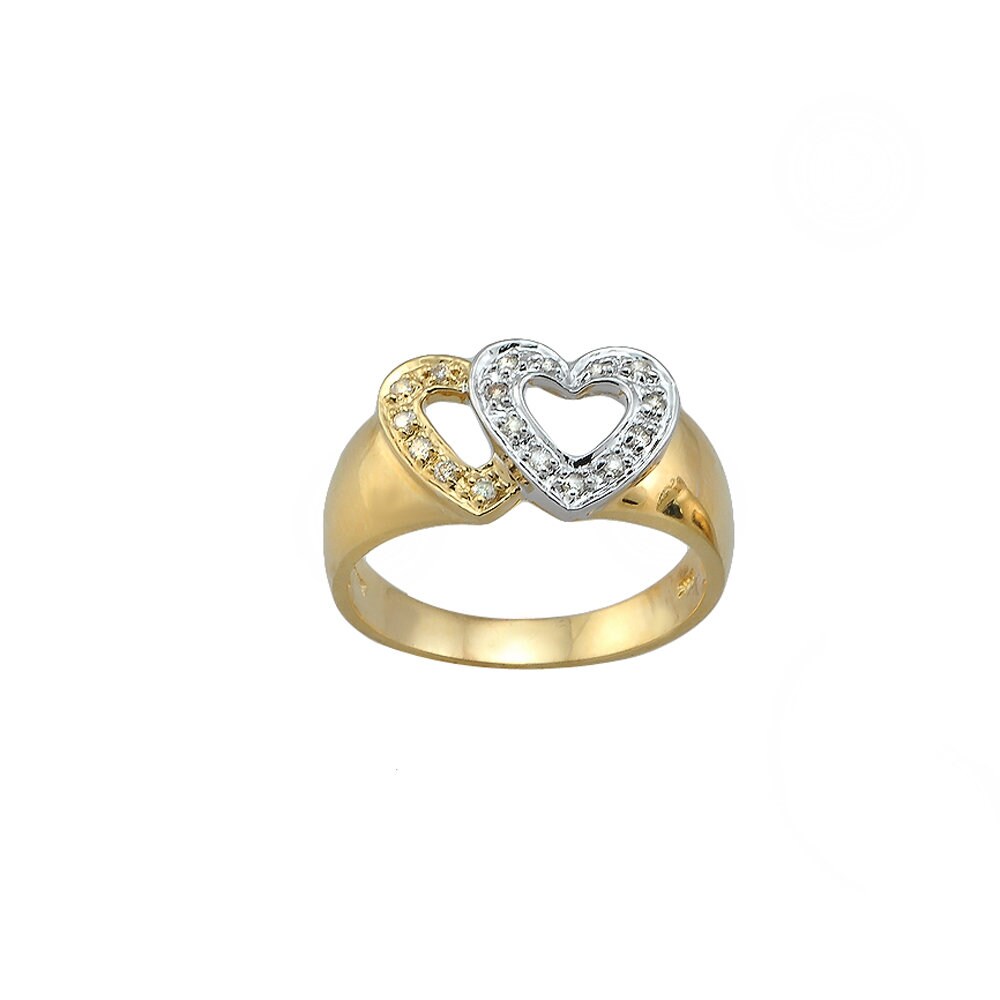 14K White & Yellow gold Diamond Double Heart  Ring